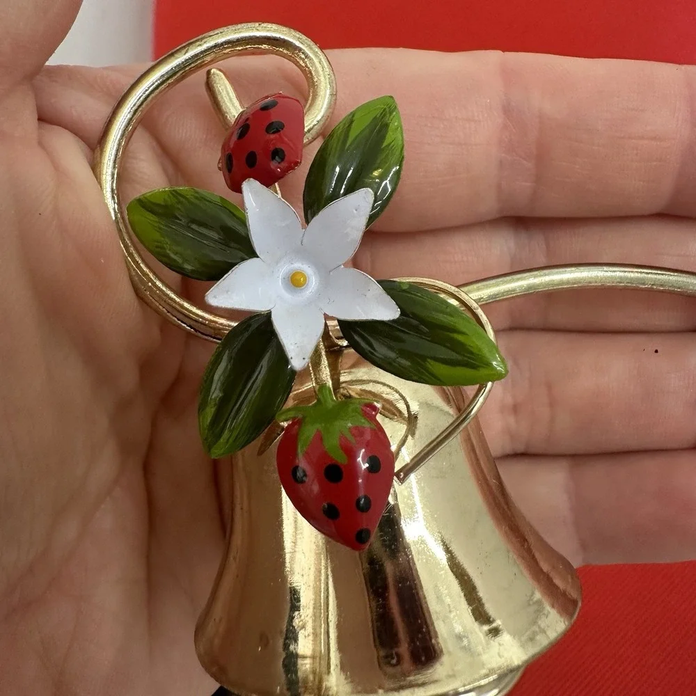 3 Piece Vintage George Good candle holders & snuffer Strawberry Enamel Gold Tone